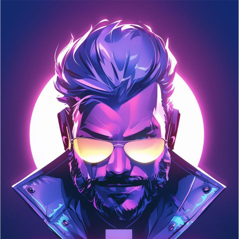 Illustrated portrait of Captain iLocoss wearing aviator glasses in violet and magenta light